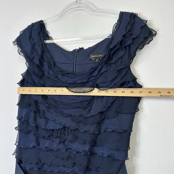 Tadashi Shoji Navy Pleated Evening Gown Womens Size 12 Maxi Dress - Picture 5 of 9